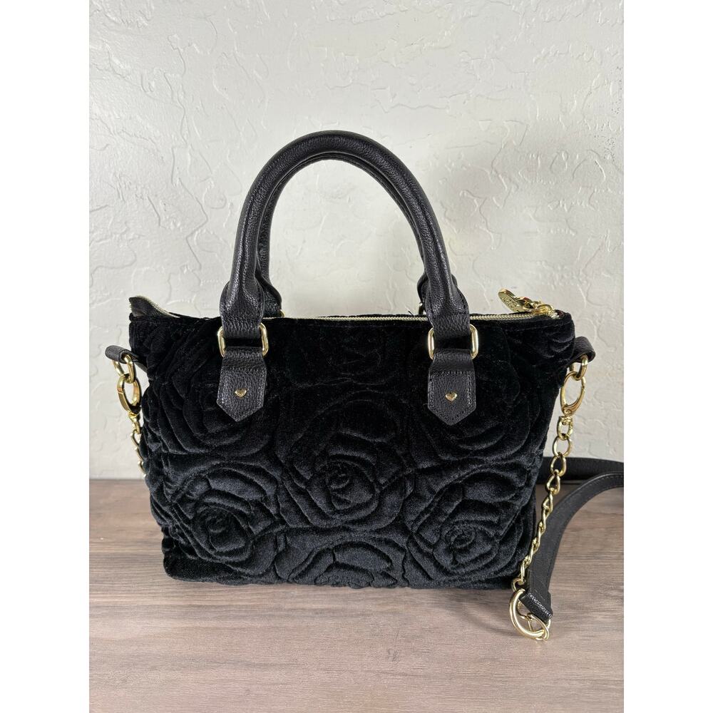 Betsey Johnson Black Velvet Crossbody Satchel with Floral Bow - Picture 3 of 7